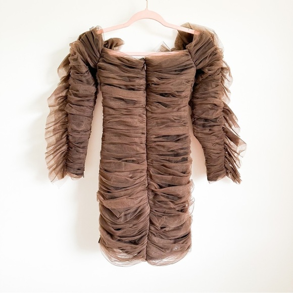 New Mimii London Chocolate Brown Tulle ruffle Bardot mini dress sz Small - Picture 9 of 12